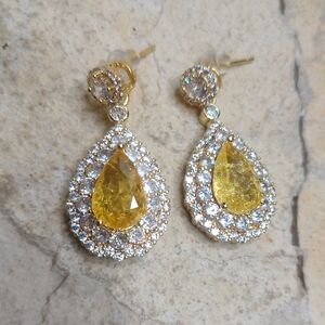 925 Gold Plated Yellow Iced CZ Teardrop Earrings